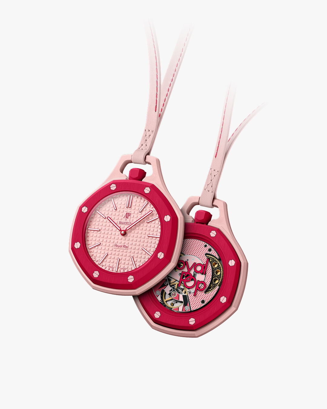 Royal Pop Pink — reloj cerámica rosa con cordón rosa pastel, bisel octogonal, $199