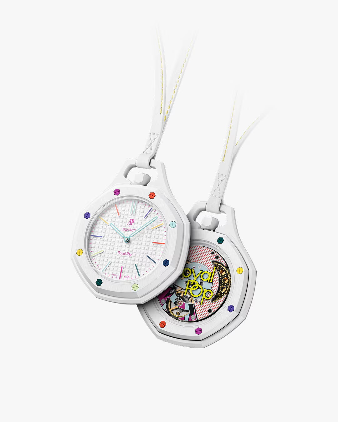 Royal Pop White — reloj cerámica blanca con índices multicolor, bisel octogonal, $199