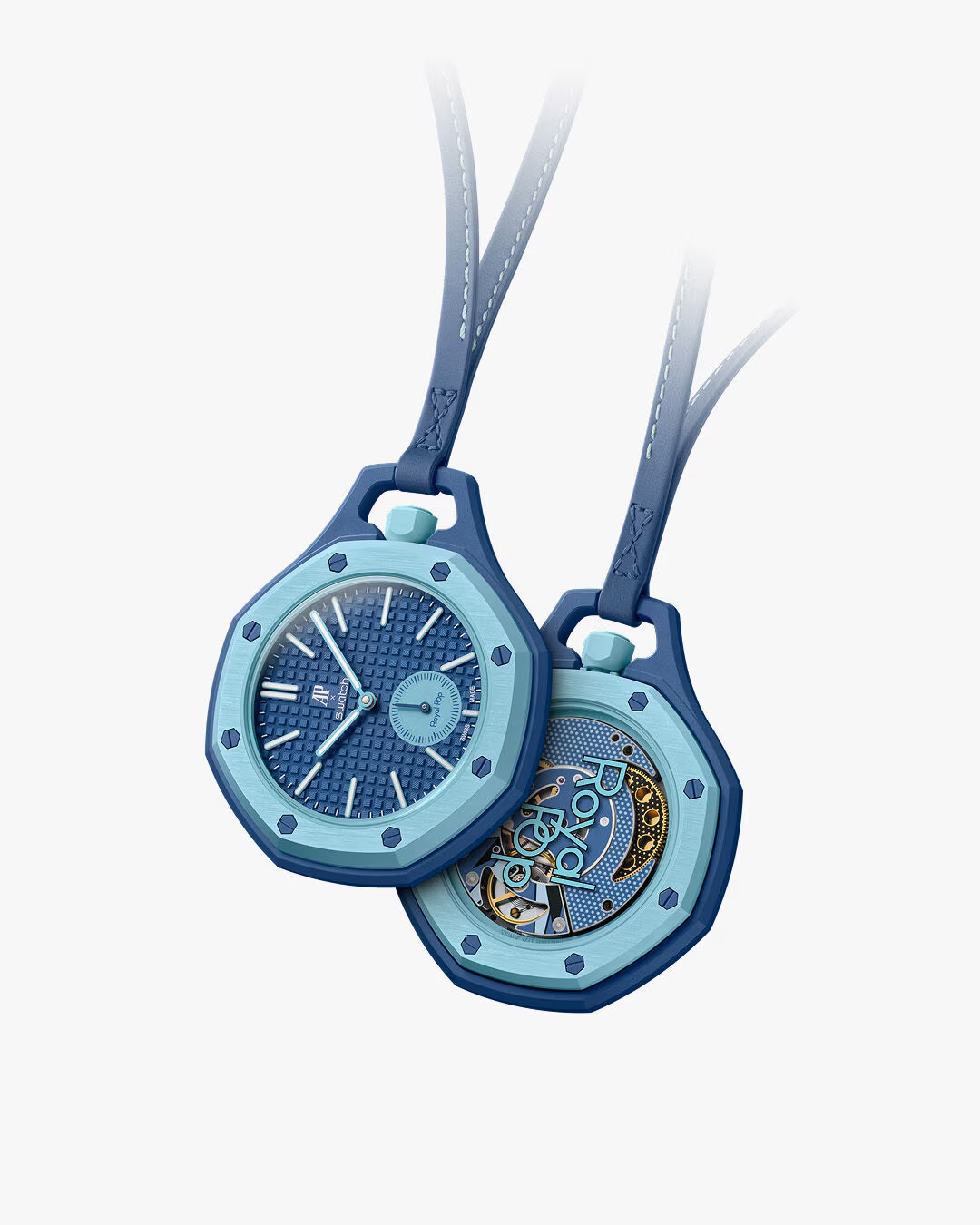Royal Pop Blue — reloj cerámica azul bicolor con segundero, bisel octogonal, $199