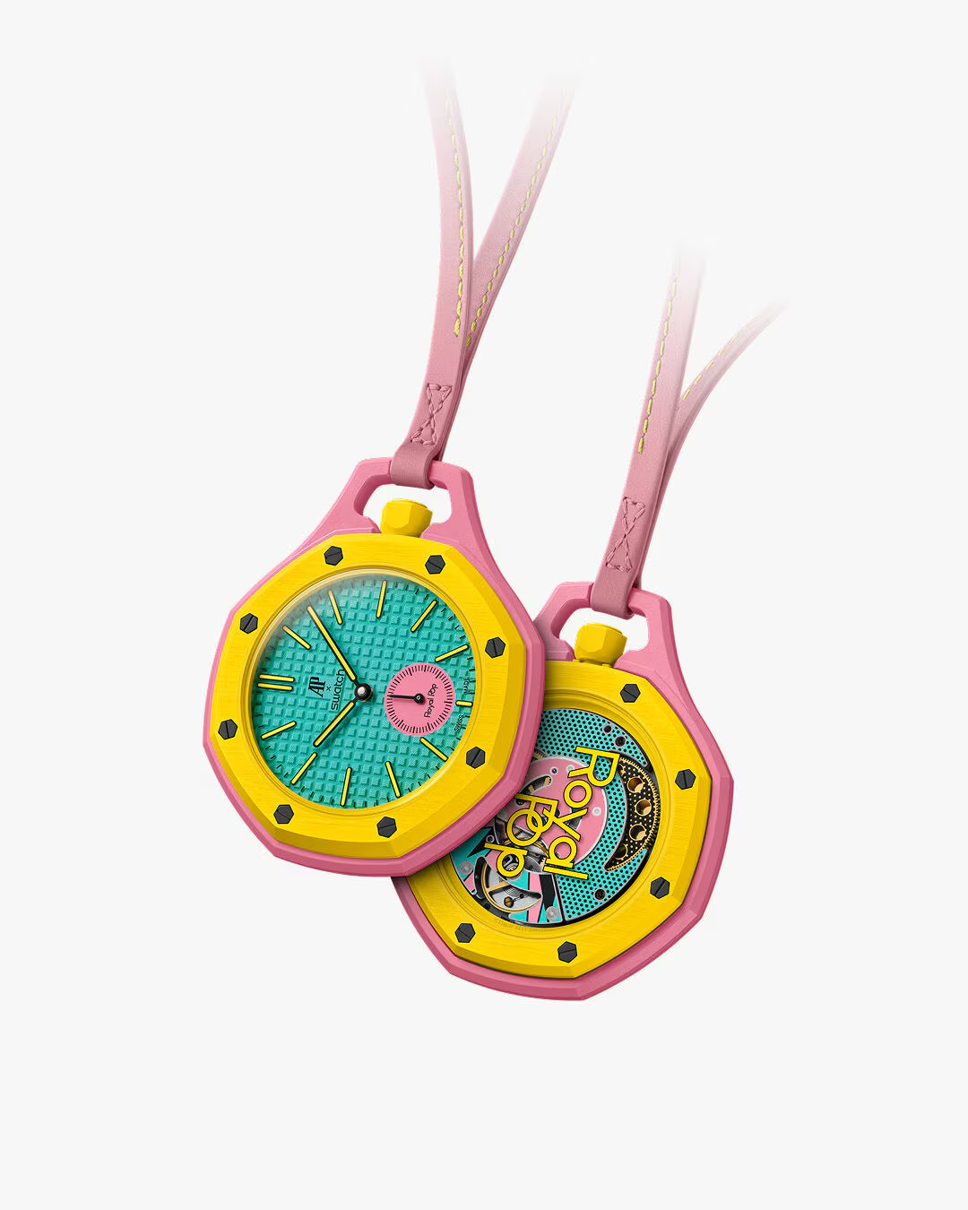 Royal Pop Yellow — reloj cerámica amarillo y rosa con esfera turquesa, $199